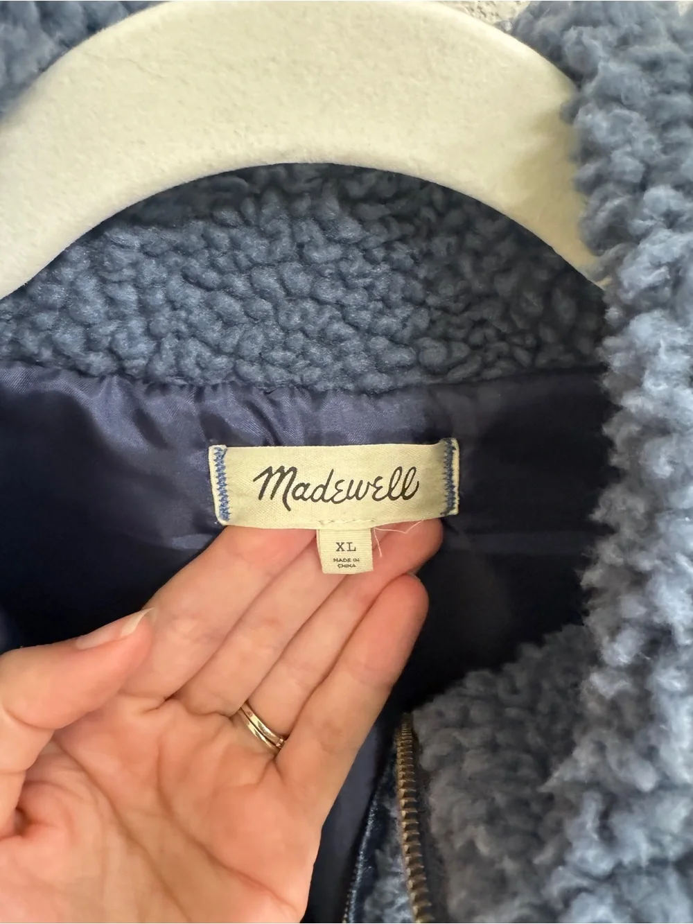 Madewell Dusty Blue Sherpa Vest with Navy Trim